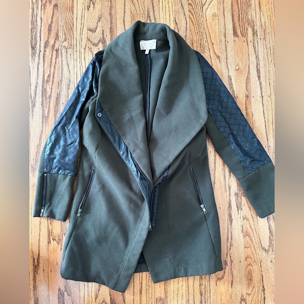 Coat with faux leather detail